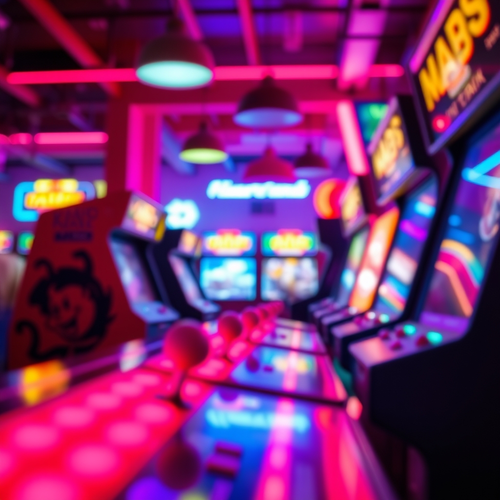 Interior view of colorful, neon-lit arcade machines.